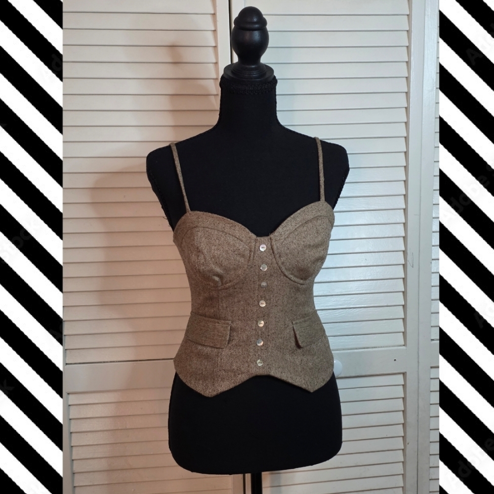 Womens Brown Tweed Bustier Tank Top - Structured Spaghetti Strap